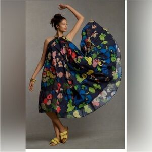 Anthropologie WHIT TWO Watercolor Floral Halter Midi Dress Abstract Art to Wear